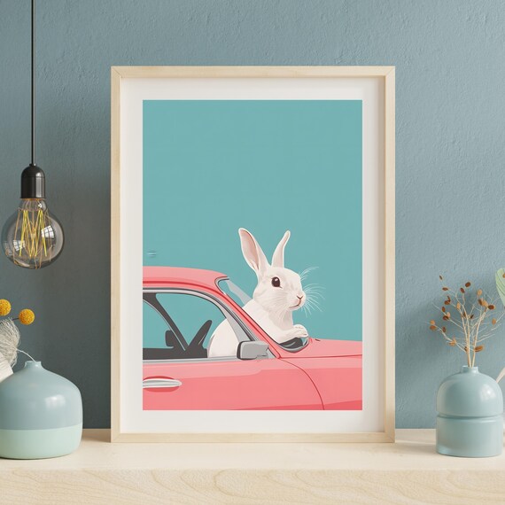 Rabbit Driving Retro Pink Car Cute Funny Animal Nursery Art Poster