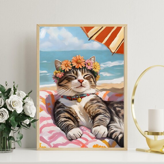 Happy Beach Cat With Flower Crown Relaxing On A Striped Towel Poster