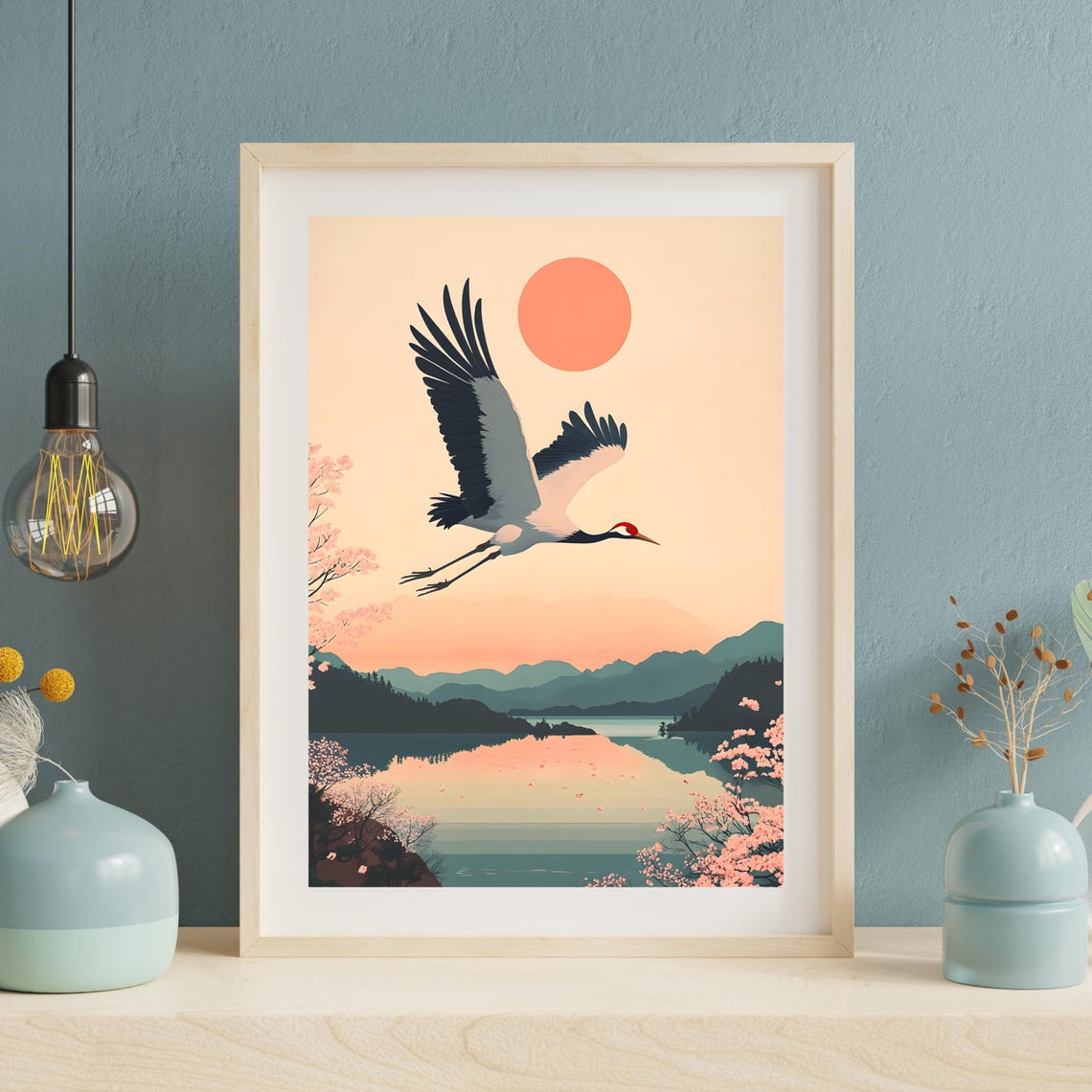Japanese Crane Flying Over a Lake Lined With Cherry Blossoms Poster - Image 7