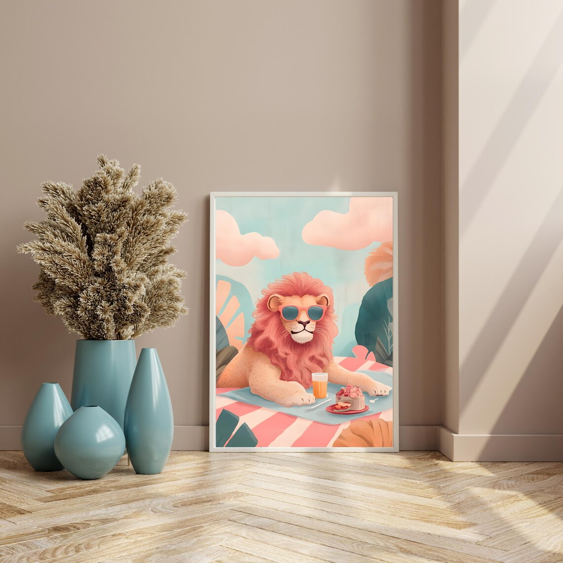 Carefree Lion With a Coral Mane and Sunglasses Lounging at a Pink Picnic Poster - Image 6
