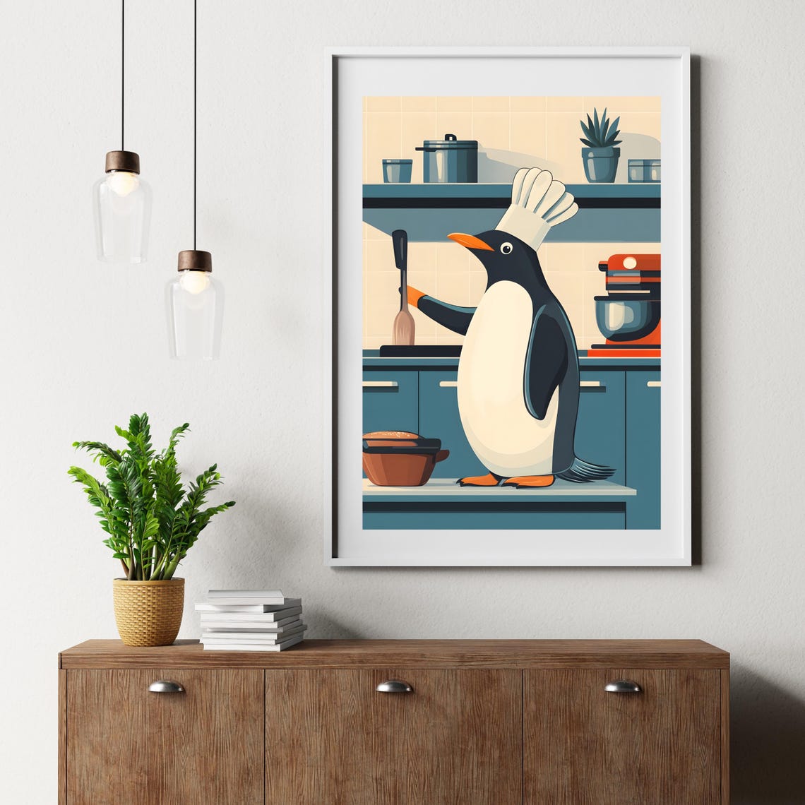 Penguin Chef With Spatula Cooking in a Retro Teal Kitchen Poster - Image 6