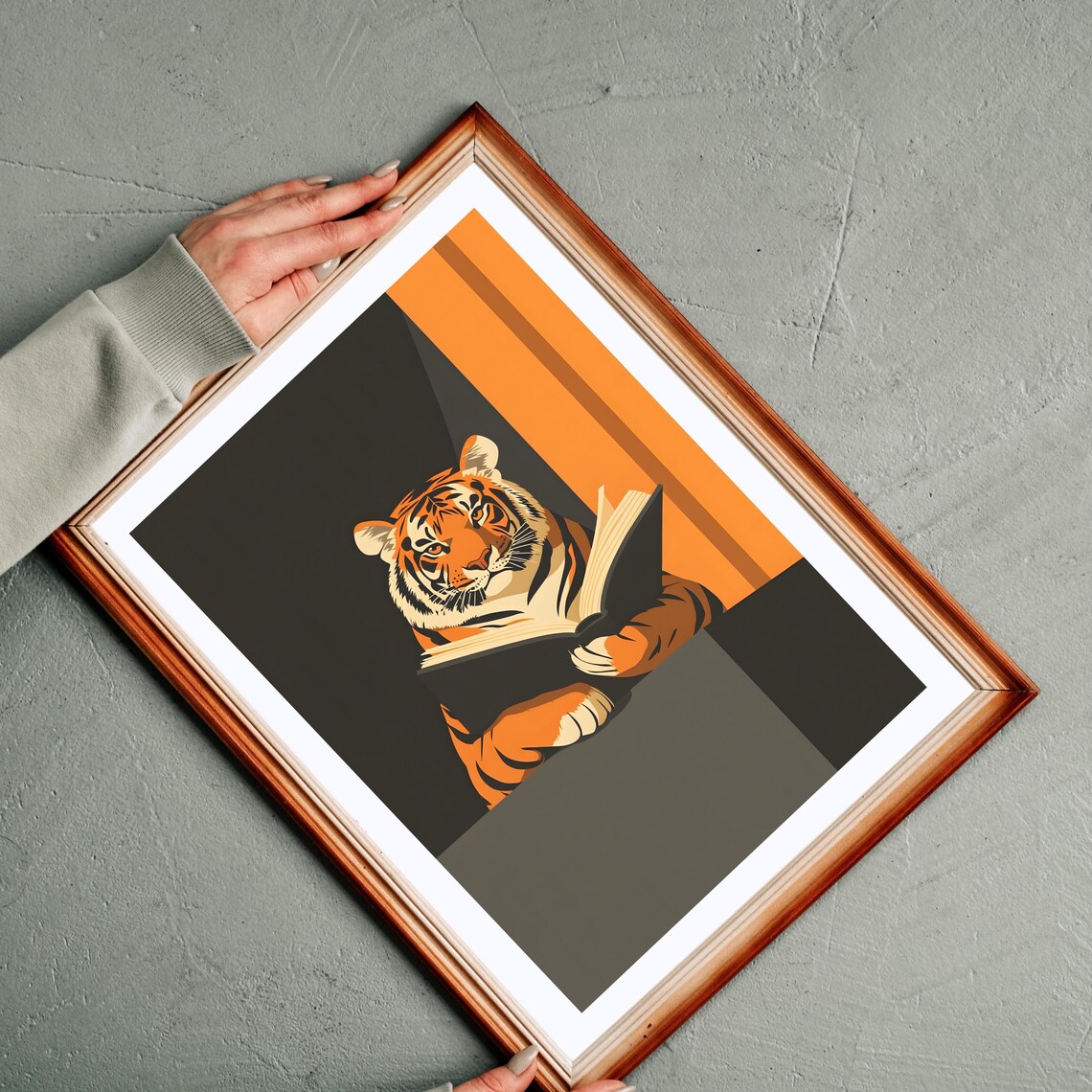 Sophisticated Tiger Reading Book Minimalist Orange Black Art Poster - Image 3