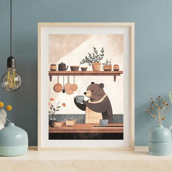 Cute Bear In Apron Holding A Coffee Cup Cozy Kitchen Art Poster