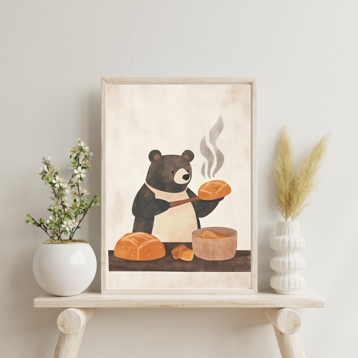Jolly Black Bear Baker in a Cream Apron Presenting a Steaming Loaf Poster - Image 3