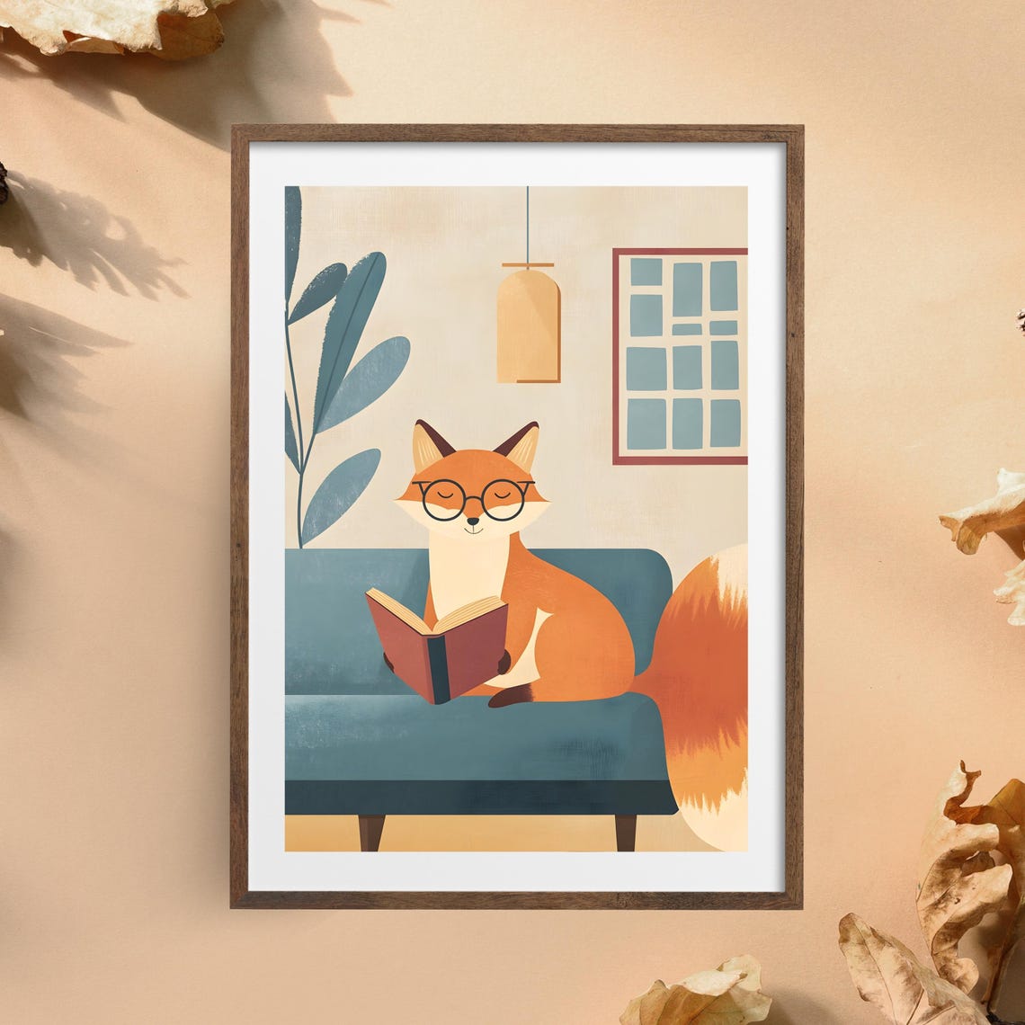Cozy Fox Reading Book on Teal Sofa Minimalist Illustration Poster