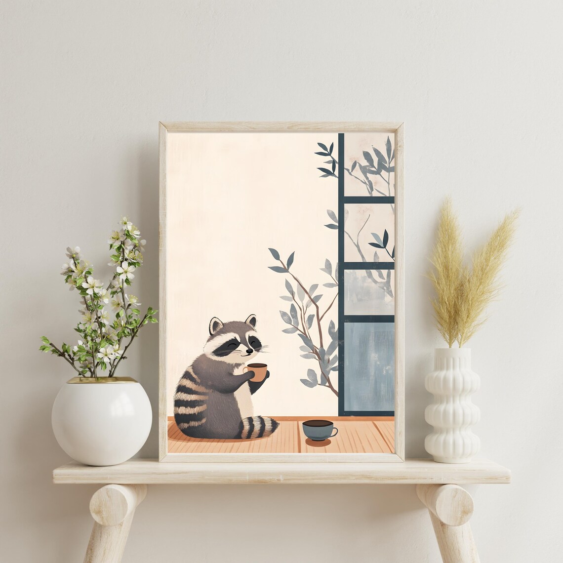 Cozy Raccoon Tea Time Window Japanese Nature Minimalist Art Poster - Image 2