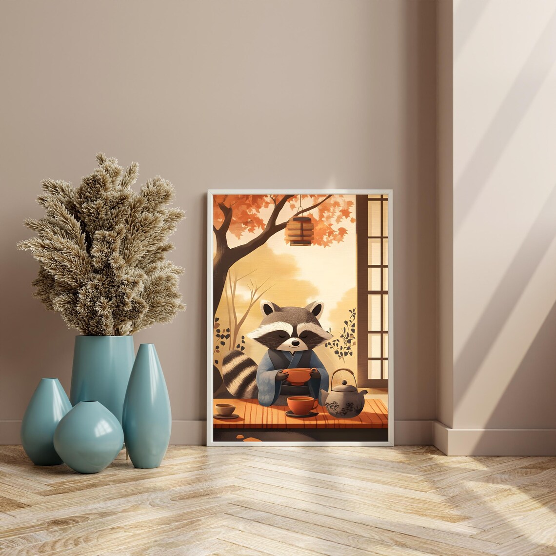 Japanese Tea Ceremony Raccoon in Kimono Autumn Garden Poster - Image 8