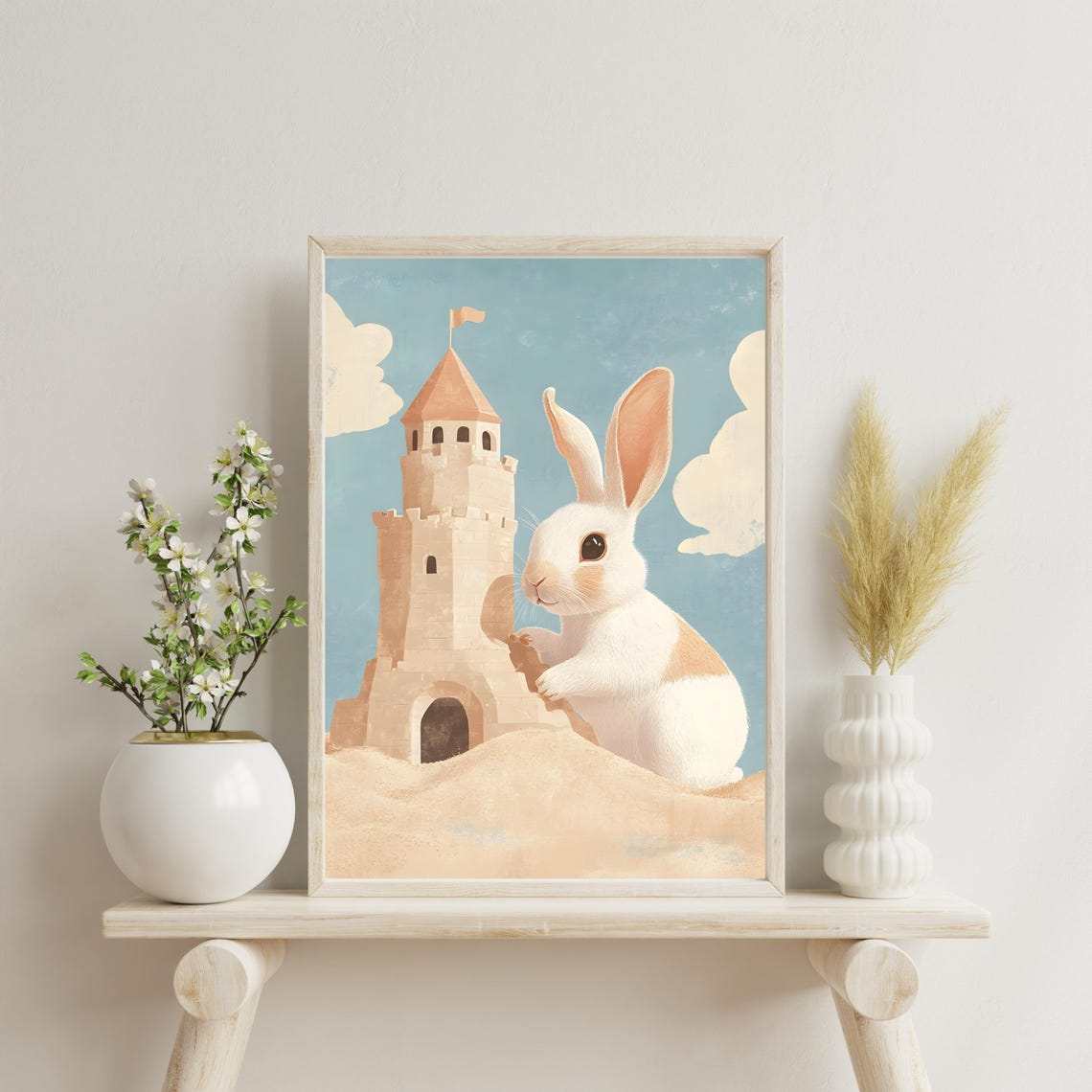 Adorable White Bunny Building a Sandcastle Tower on the Beach Poster - Image 6