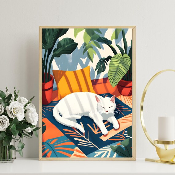 Sleeping White Cat Resting Peacefully Among Lush Tropical Plants Poster