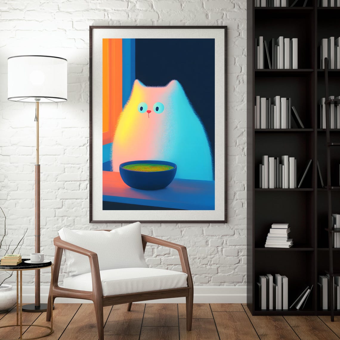 Fluffy Rainbow Cat With Bowl Of Ramen Sunset Window Cat Poster - Image 3