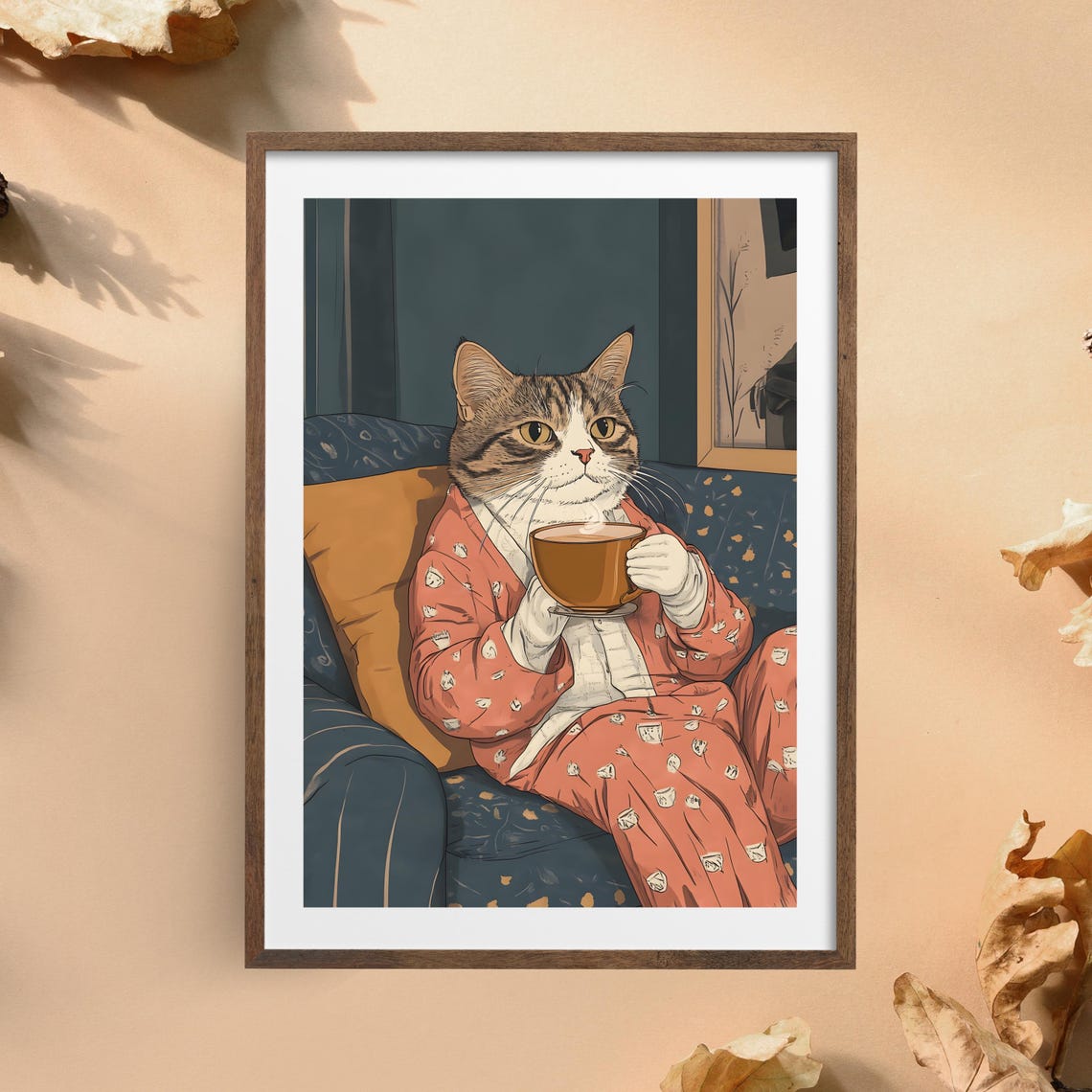 Cozy Tabby Cat in Pajamas Drinking Coffee on a Blue Sofa Poster - Image 5
