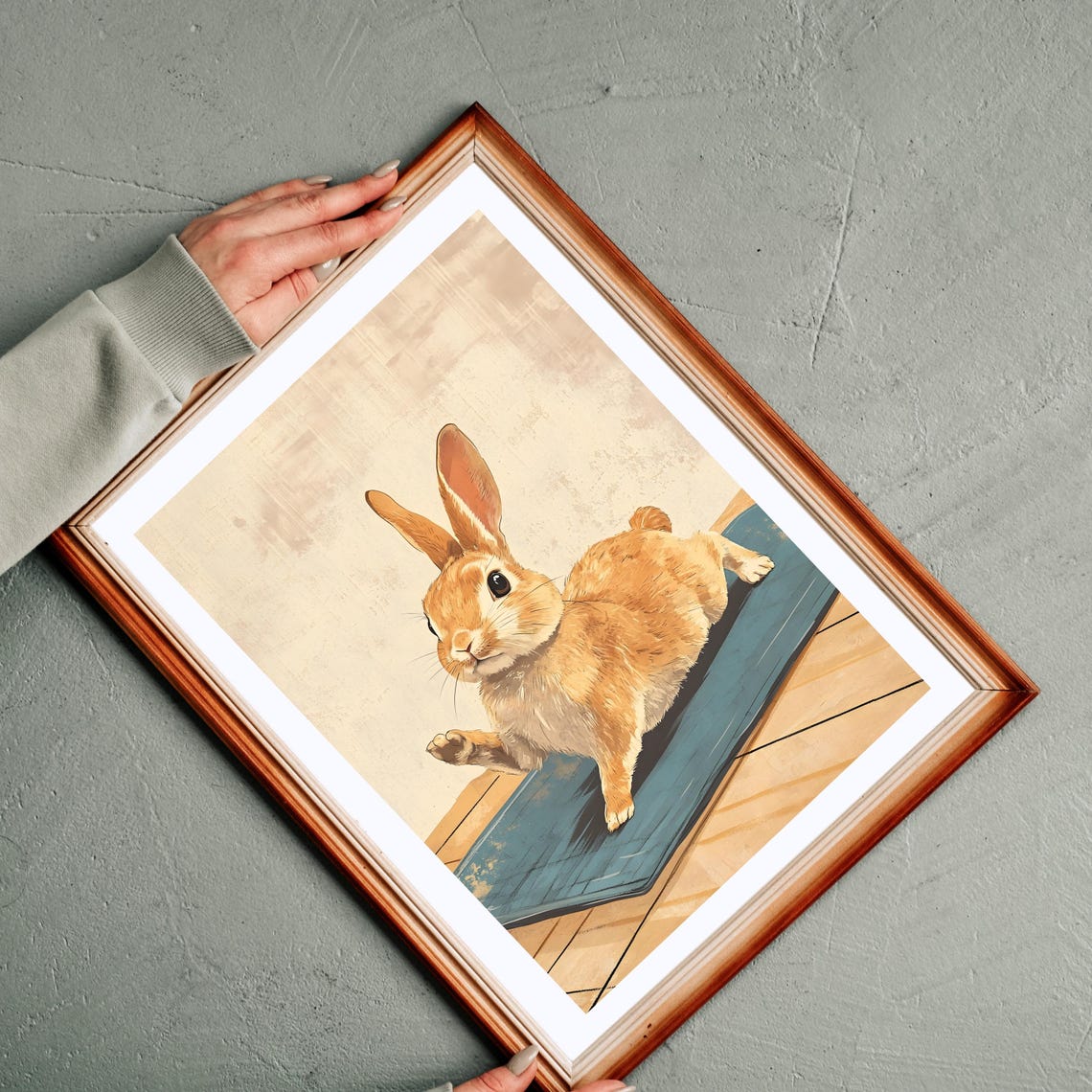 Cute Orange Bunny Doing Yoga Stretch On A Blue Mat Funny Poster - Image 2