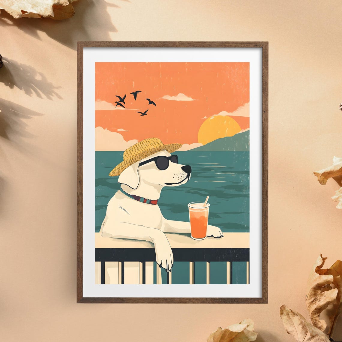 Cool Dog With Straw Hat and Sunglasses at Beach Sunset Poster