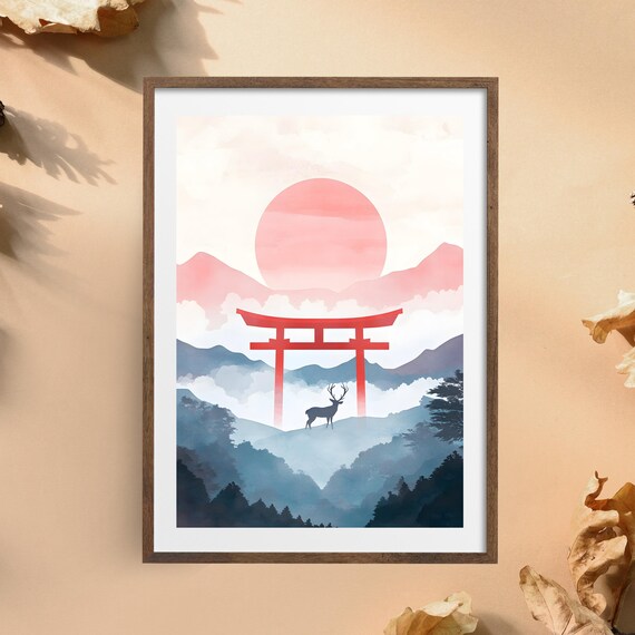 Japanese Sunrise Deer With Red Torii Gate Over Misty Mountains Poster
