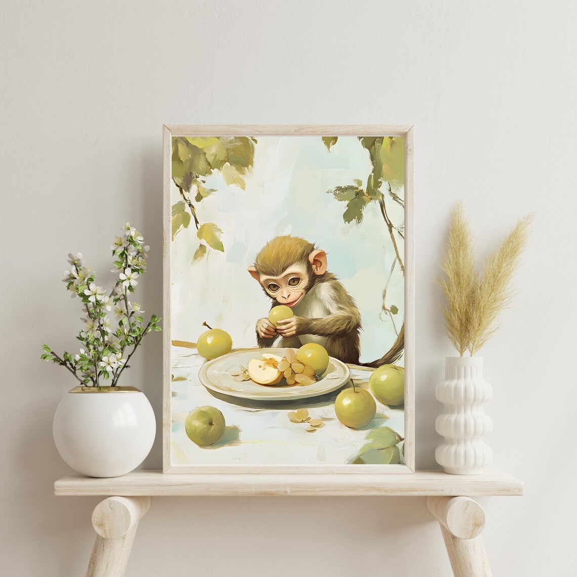 Wide-Eyed Baby Monkey Munching Green Apples at a Fruit-Laden Table Poster - Image 3