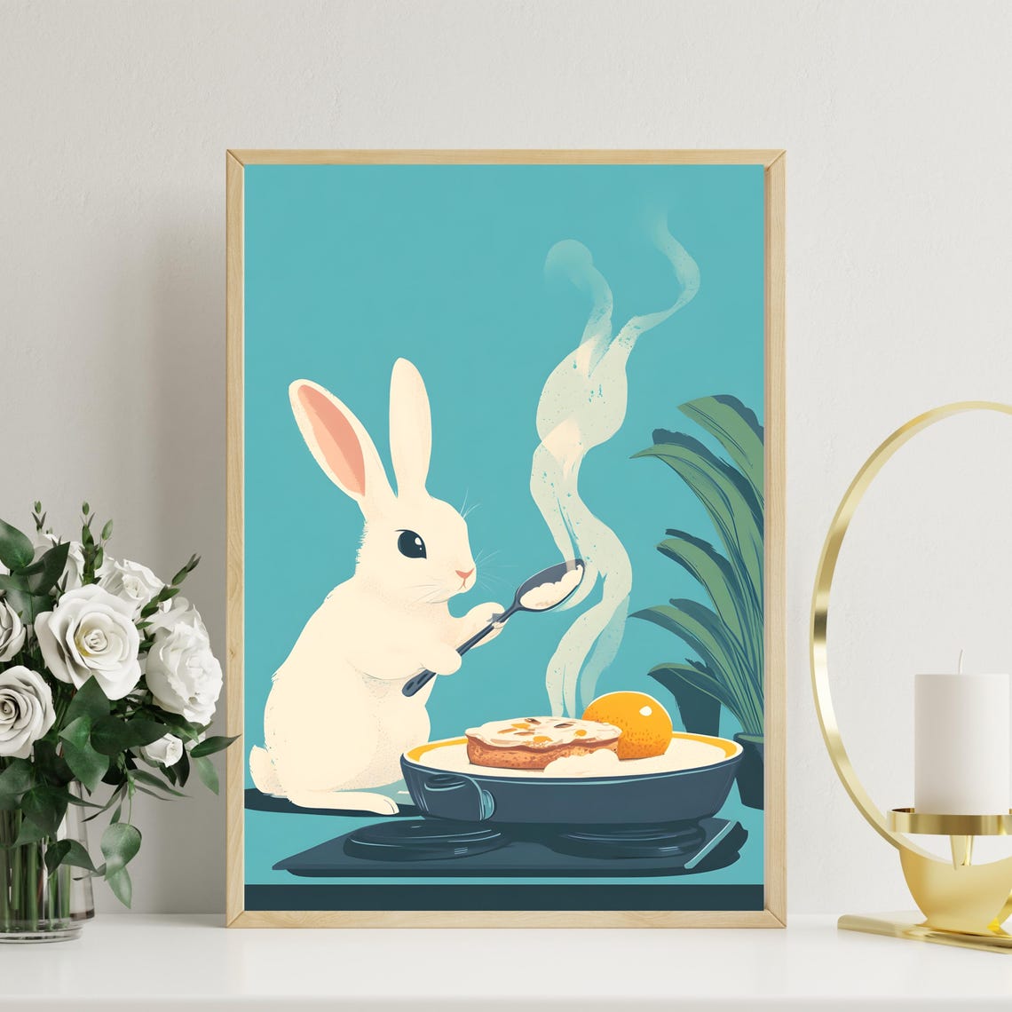 Bunny Cooking Fried Egg Breakfast Cute Rabbit Kitchen Art Poster - Image 3