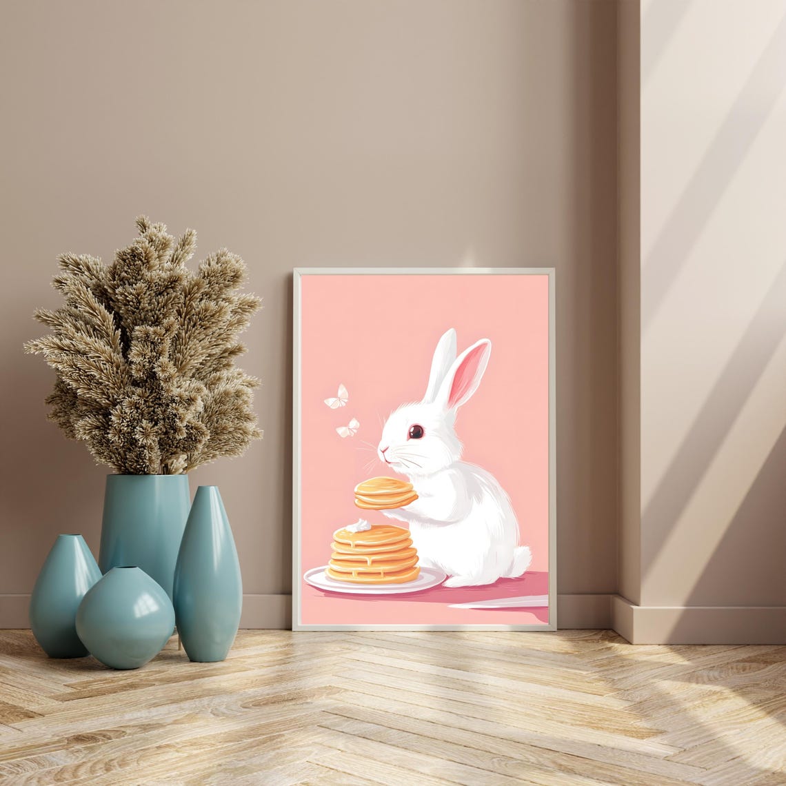 Cute White Rabbit Holding a Tall Stack of Pancakes with Butter Poster - Image 8