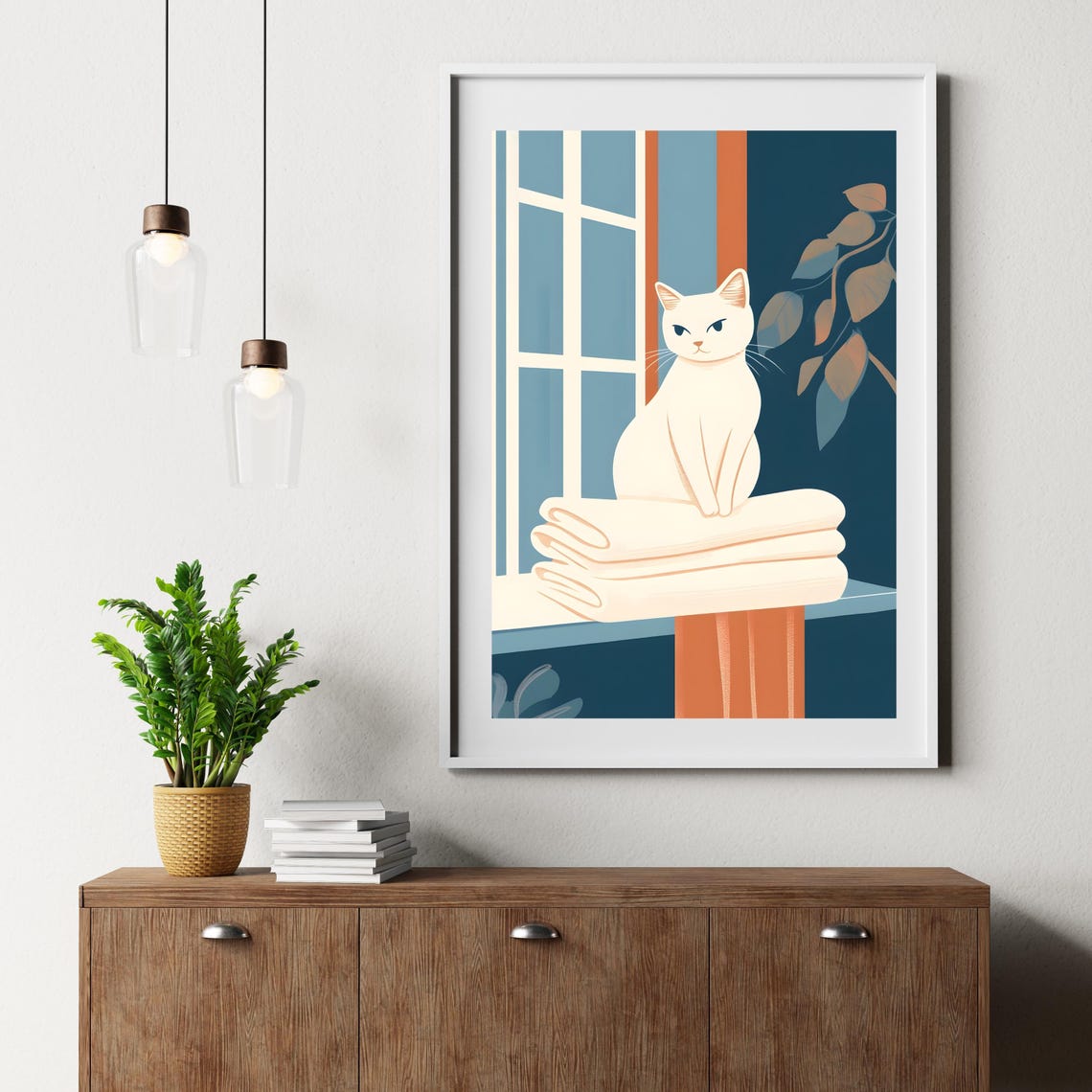White Cat Sitting On Towels By A Window Mid Century Style Print - Image 4