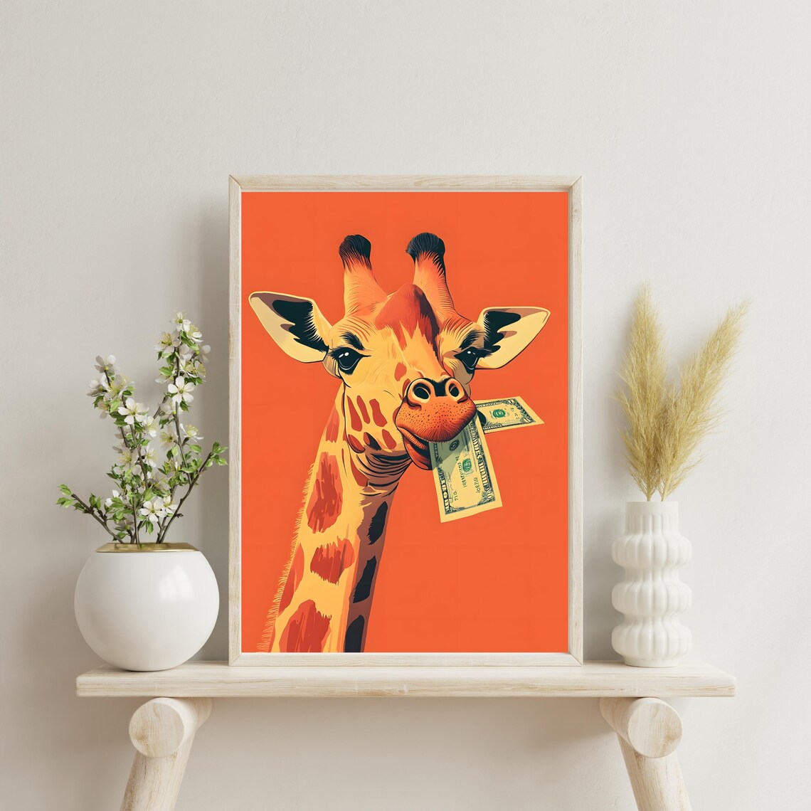 Funny Giraffe Holding Dollar Bills in Mouth on Orange Poster - Image 4