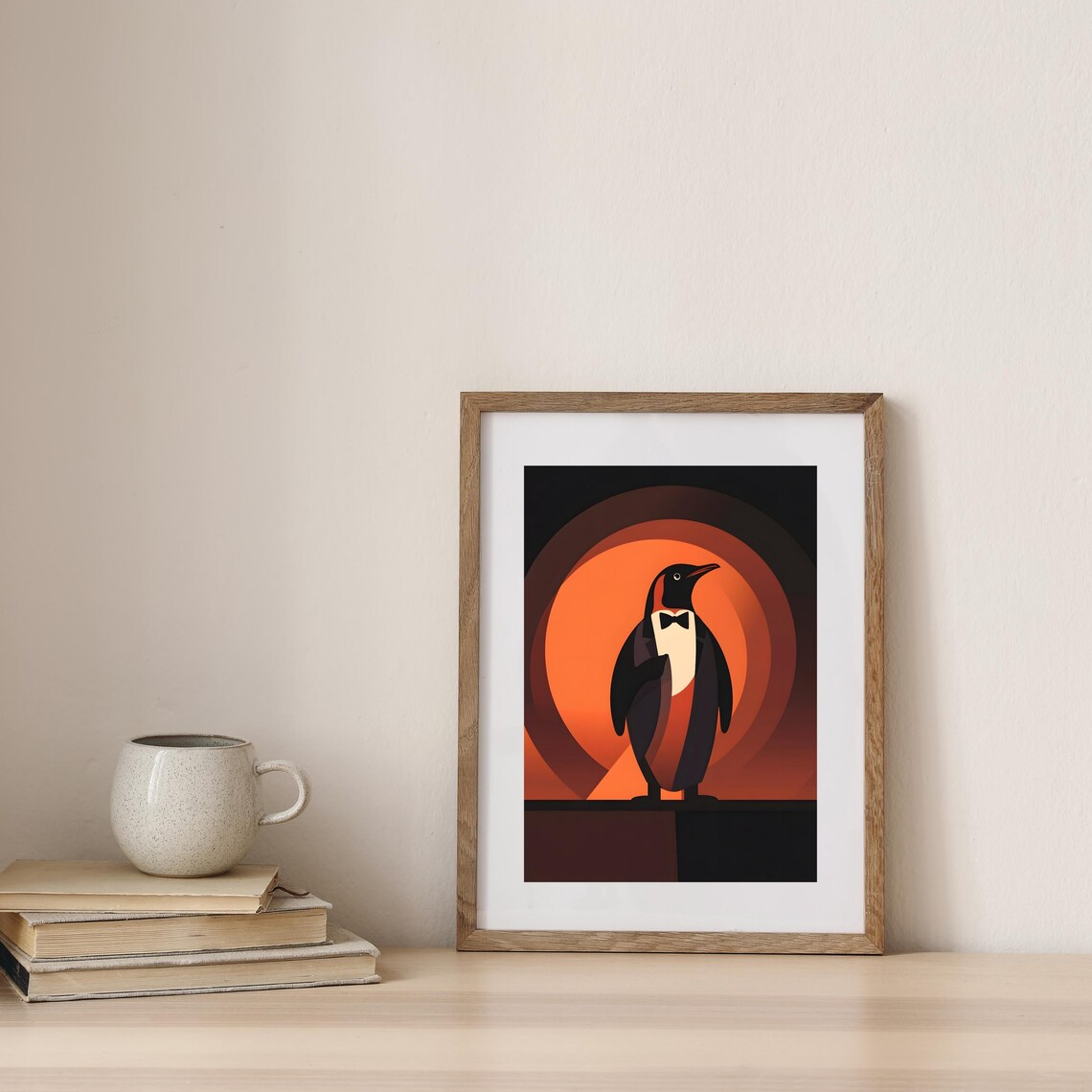 Elegant Penguin in Tuxedo Against Art Deco Orange Circles Poster - Image 8