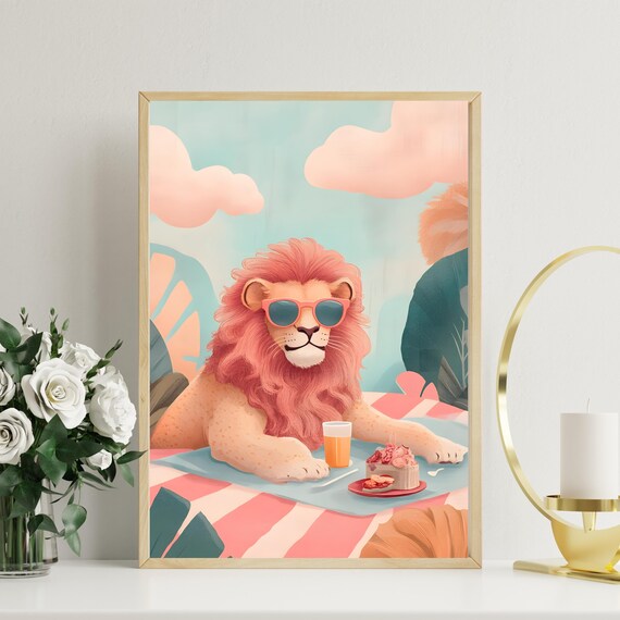 Carefree Lion With a Coral Mane and Sunglasses Lounging at a Pink Picnic Poster