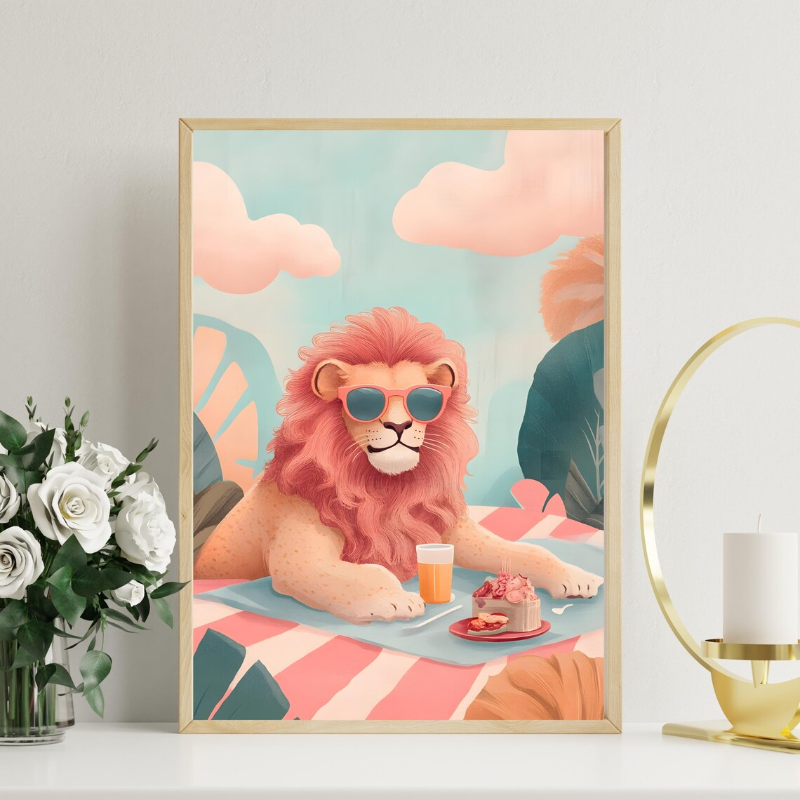 Carefree Lion With a Coral Mane and Sunglasses Lounging at a Pink Picnic Poster