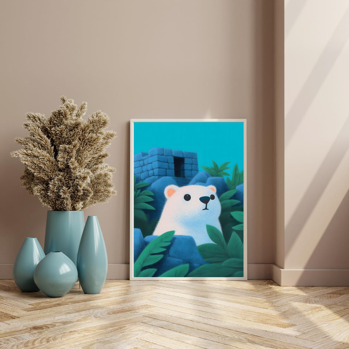 Curious White Polar Bear Peeking Through Jungle Leaves Art Poster - Image 4