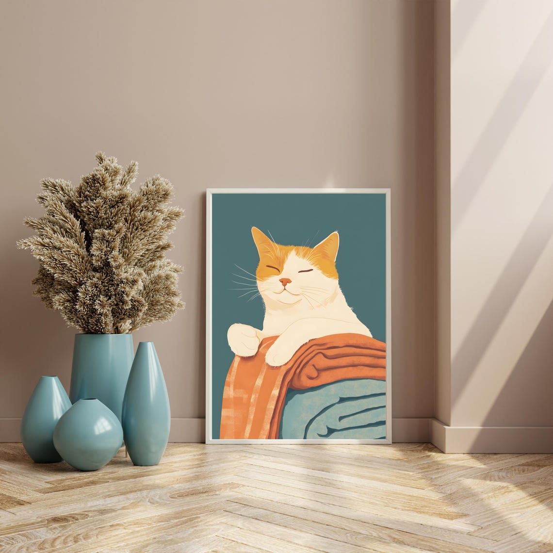 Cozy Orange Cat Hugging Folded Blankets on a Teal Background Poster - Image 5