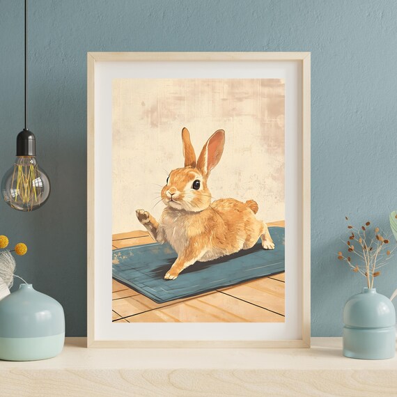 Cute Orange Bunny Doing Yoga Stretch On A Blue Mat Funny Poster