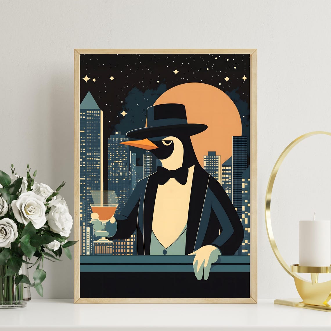 Debonair Penguin in Fedora Holding Cocktail at Night City Poster - Image 4