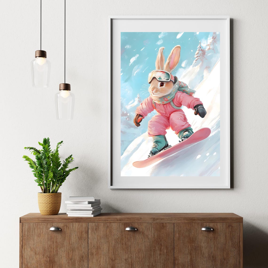 Cute Snowboarding Bunny Poster Winter Sports Animal Art Adorable Bunny Wall Art Snowboarding Animal Illustration Winter Wonderland - Image 2