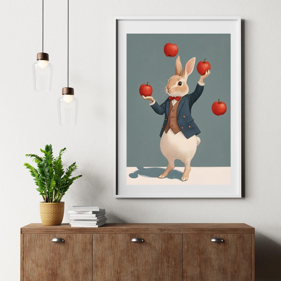 Whimsical Rabbit in a Blue Suit Juggling Four Red Apples Poster - Image 6