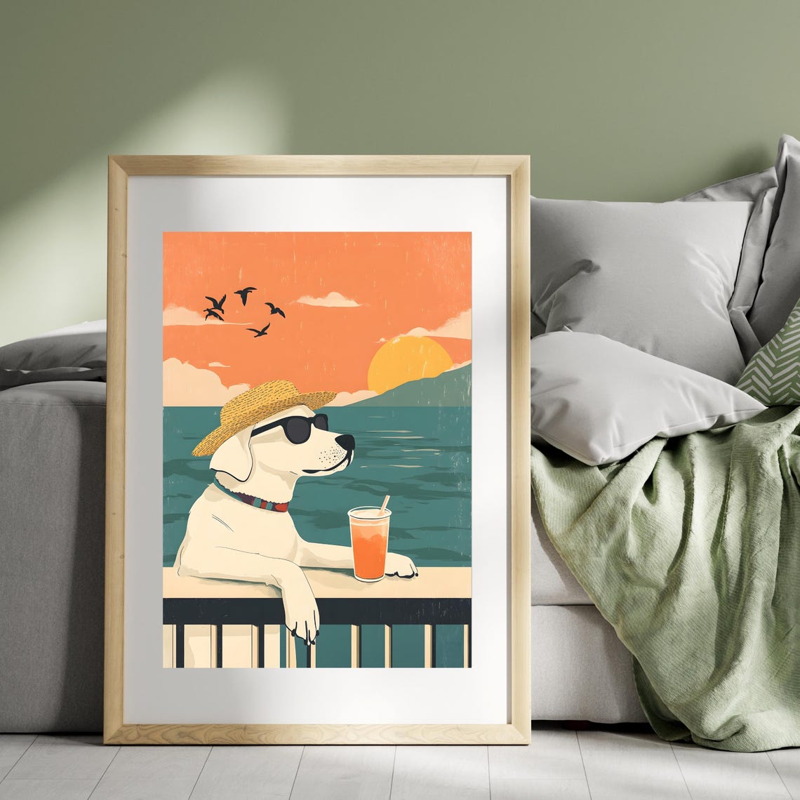 Cool Dog With Straw Hat and Sunglasses at Beach Sunset Poster - Image 3