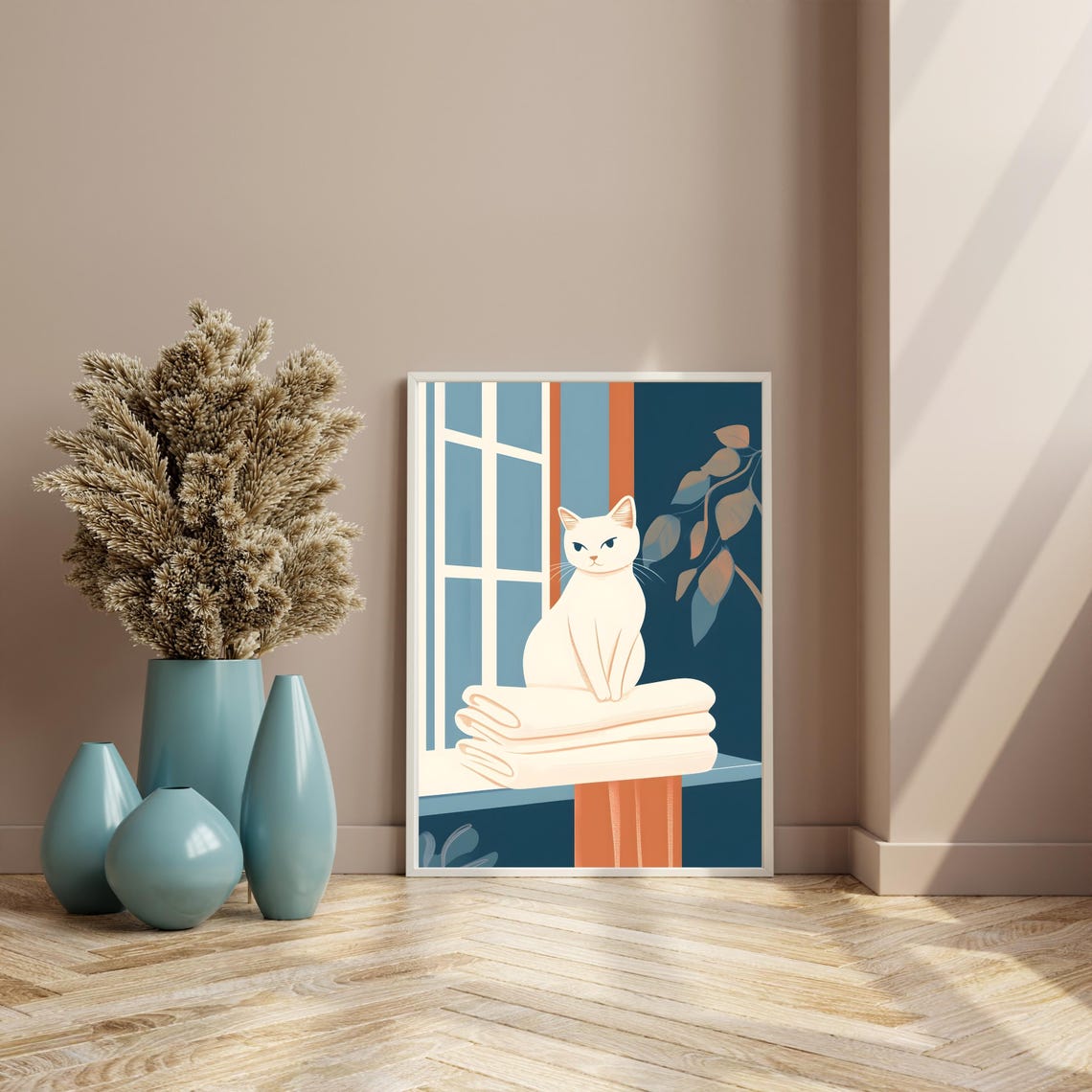 White Cat Sitting On Towels By A Window Mid Century Style Print - Image 6