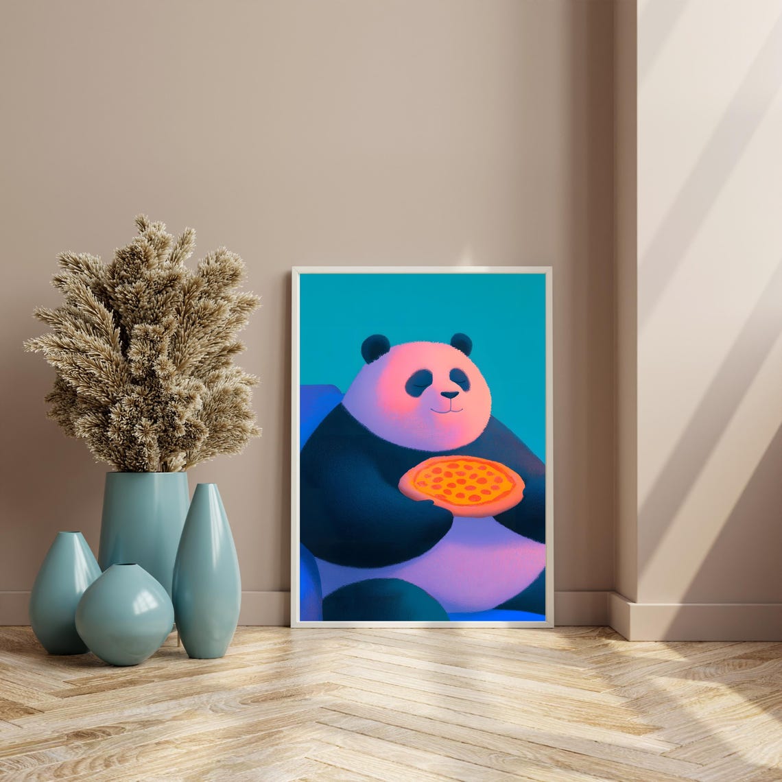 Happy Pink Panda Blissfully Holding a Pepperoni Pizza Poster - Image 4