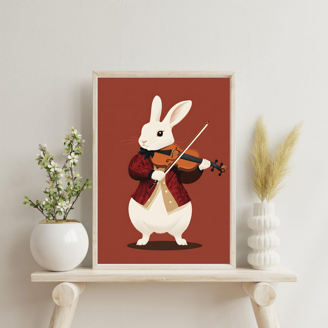 Elegant White Rabbit Playing a Violin in a Red Jacket Poster - Image 7