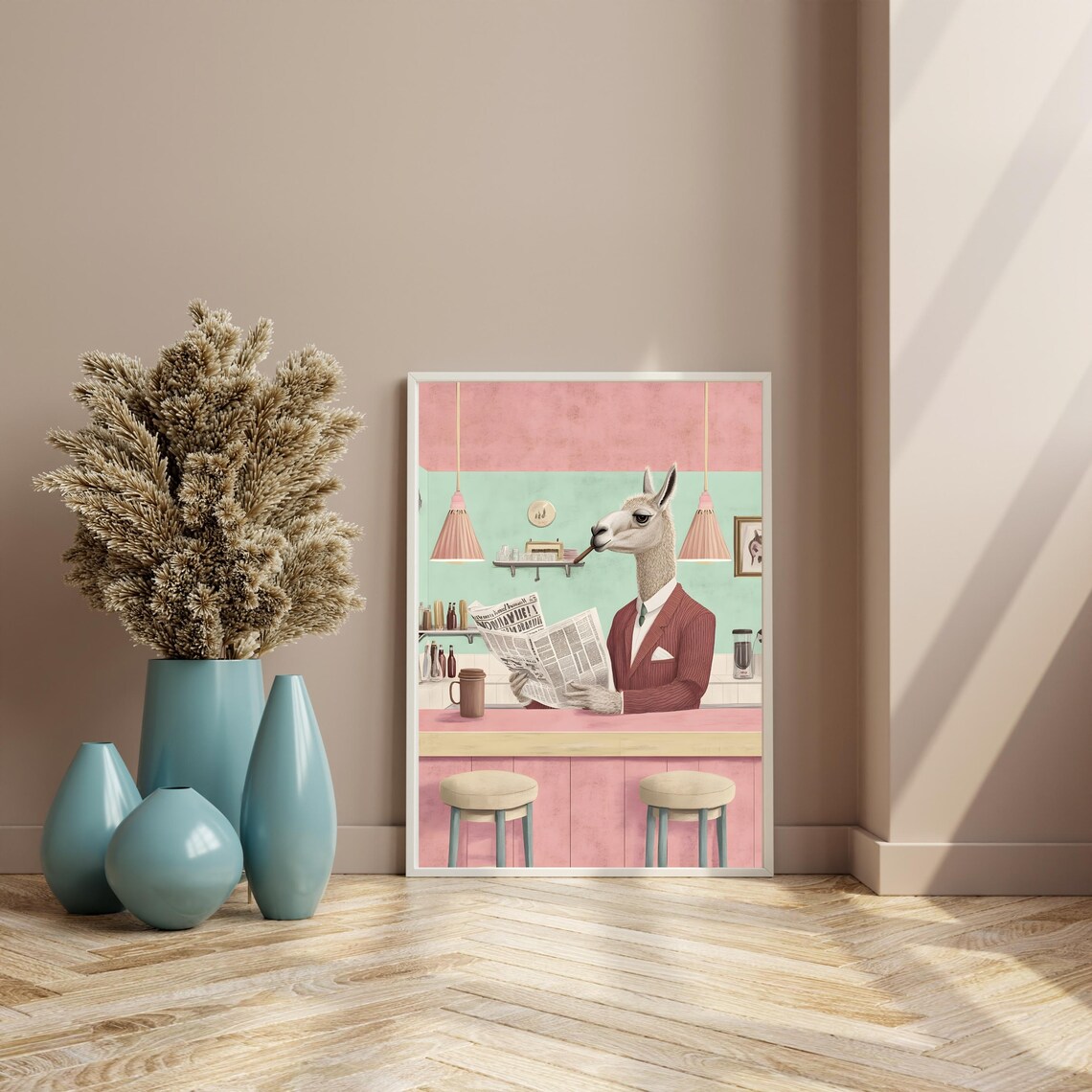 Dapper Llama in a Pinstripe Suit Reading the Newspaper at a Retro Cafe Poster - Image 6