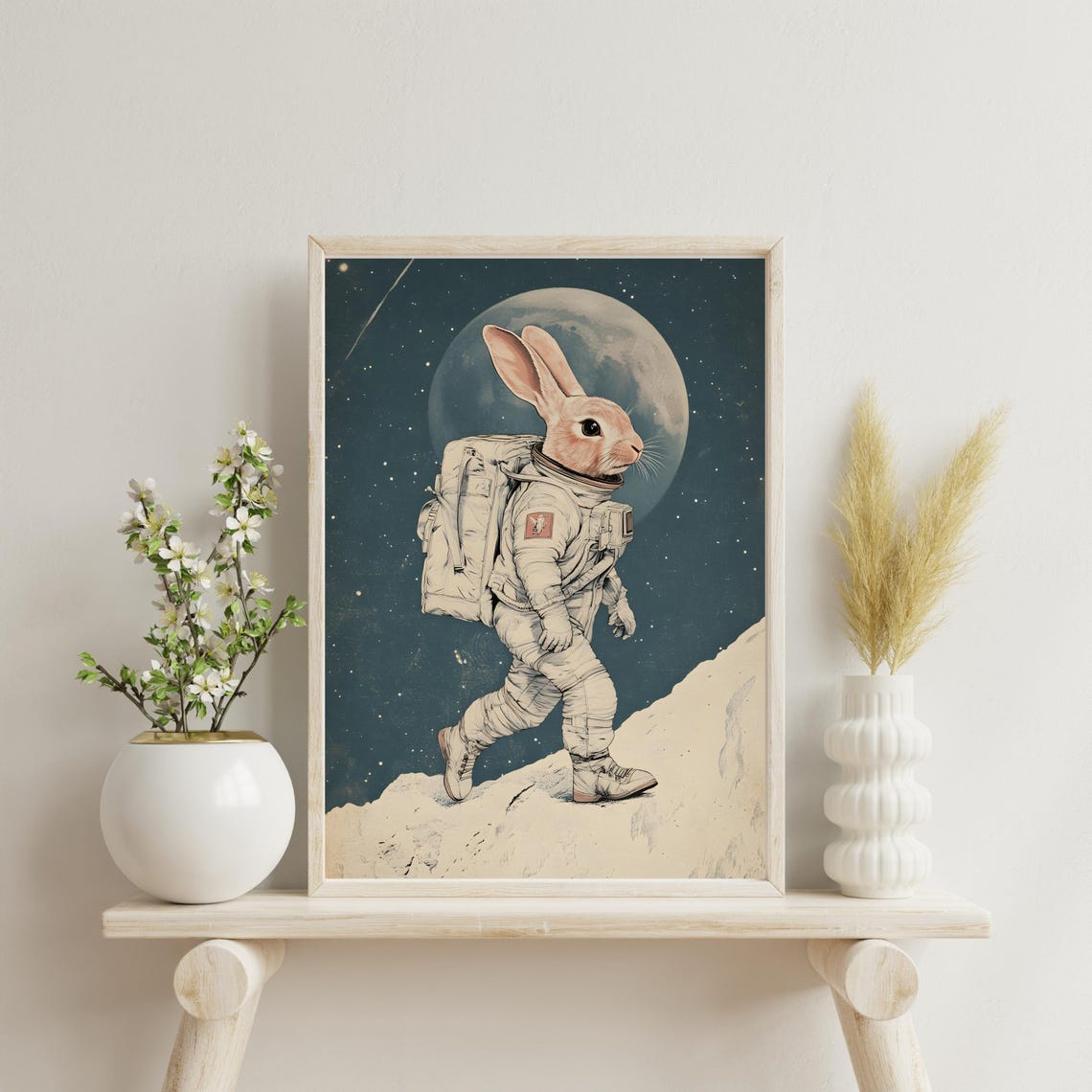 Astronaut Bunny Walking on the Moon Surface Vintage Space Poster - Image 4