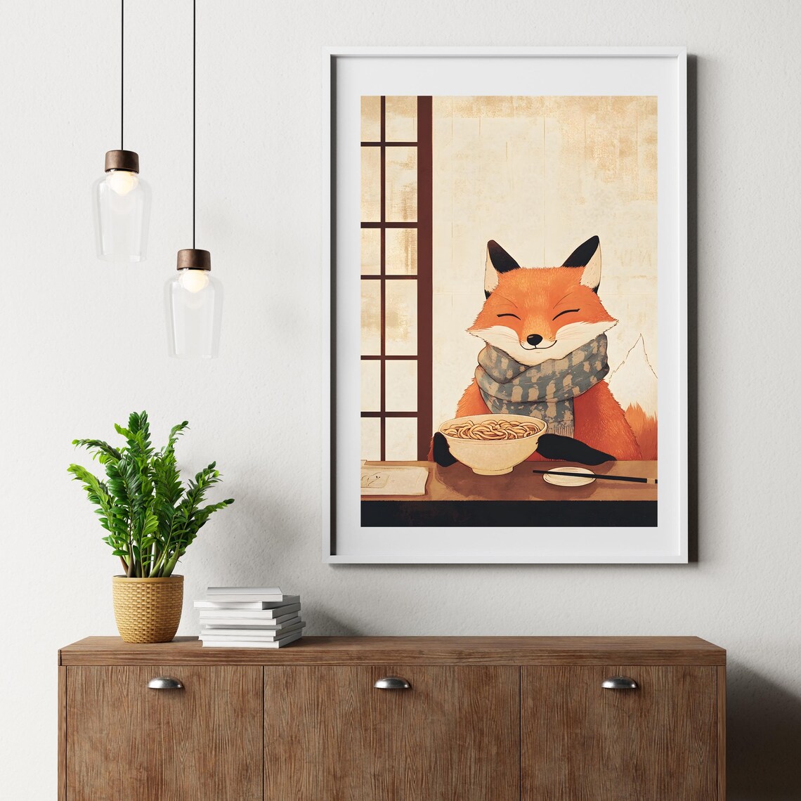 Happy Red Fox in a Patterned Scarf Savoring a Steaming Noodle Bowl Poster - Image 6