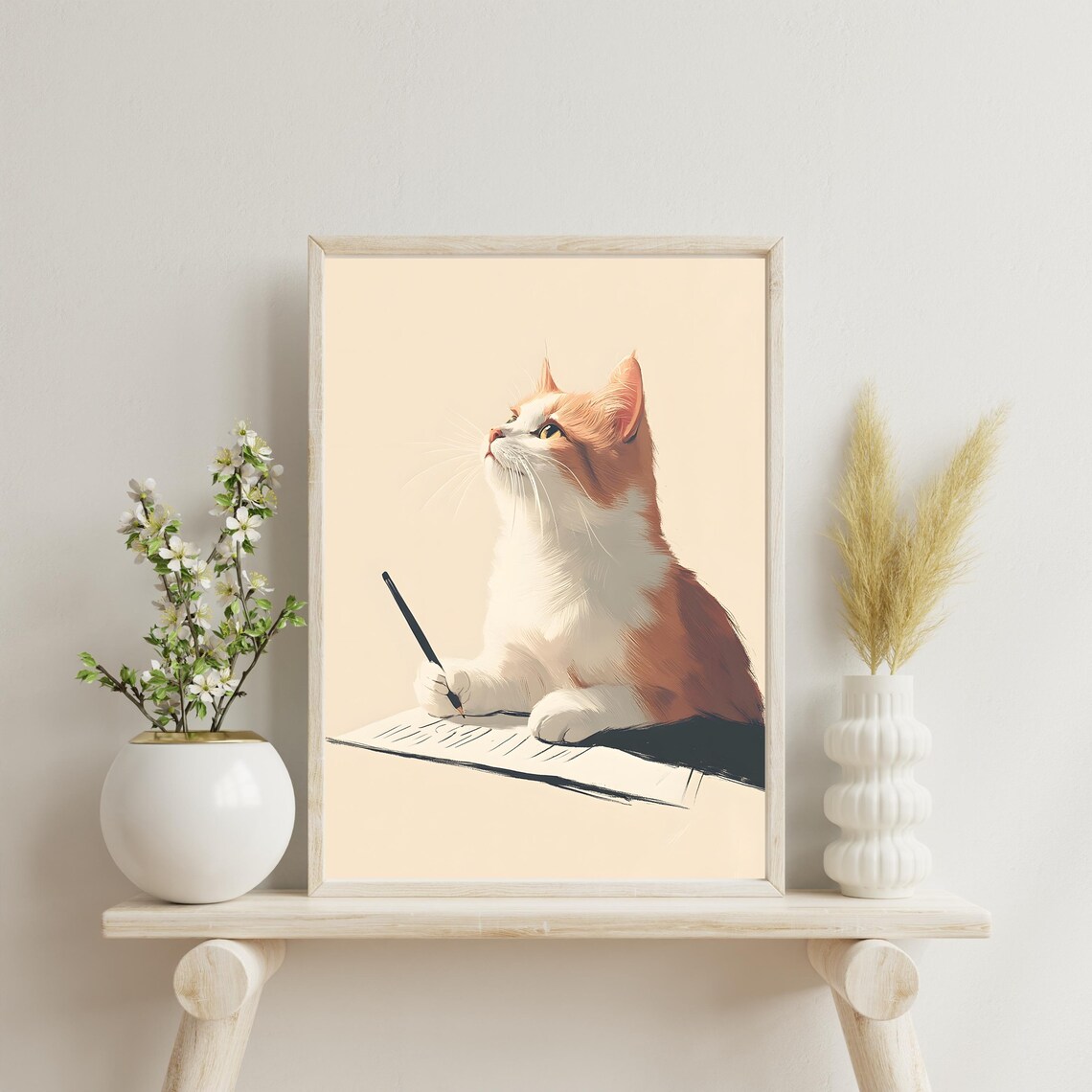 Thoughtful Orange and White Cat Holding a Pen Over an Open Notebook Poster - Image 3