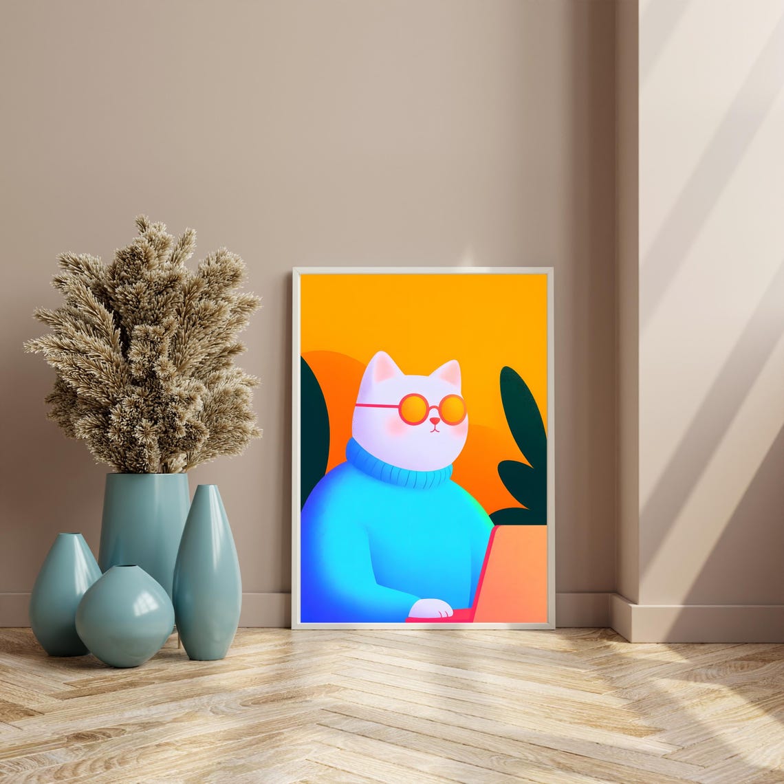 Stylish White Cat In Sunglasses And Turtleneck With Laptop Poster - Image 4