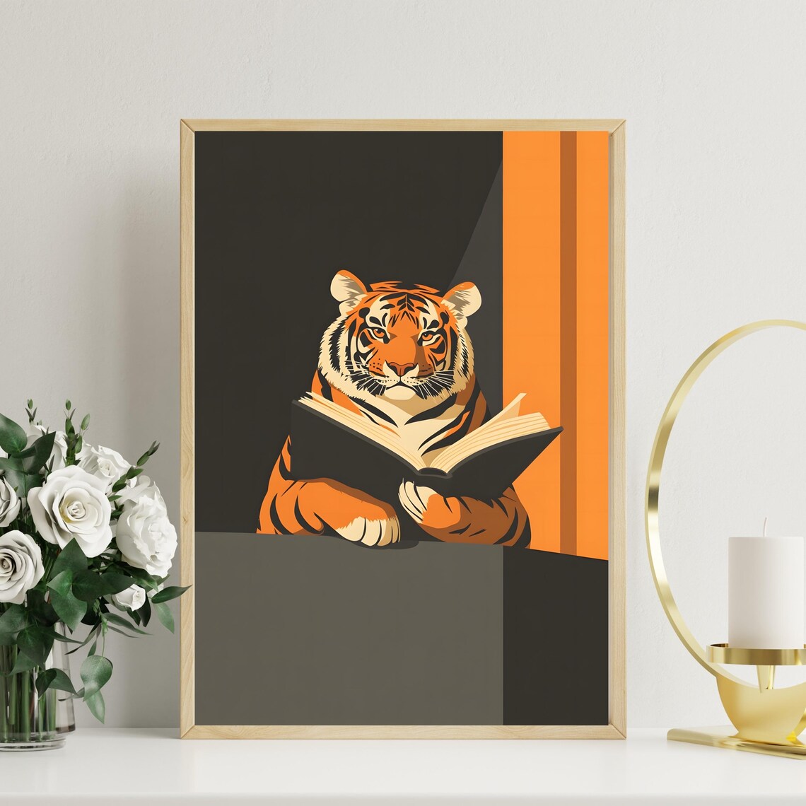 Sophisticated Tiger Reading Book Minimalist Orange Black Art Poster - Image 4