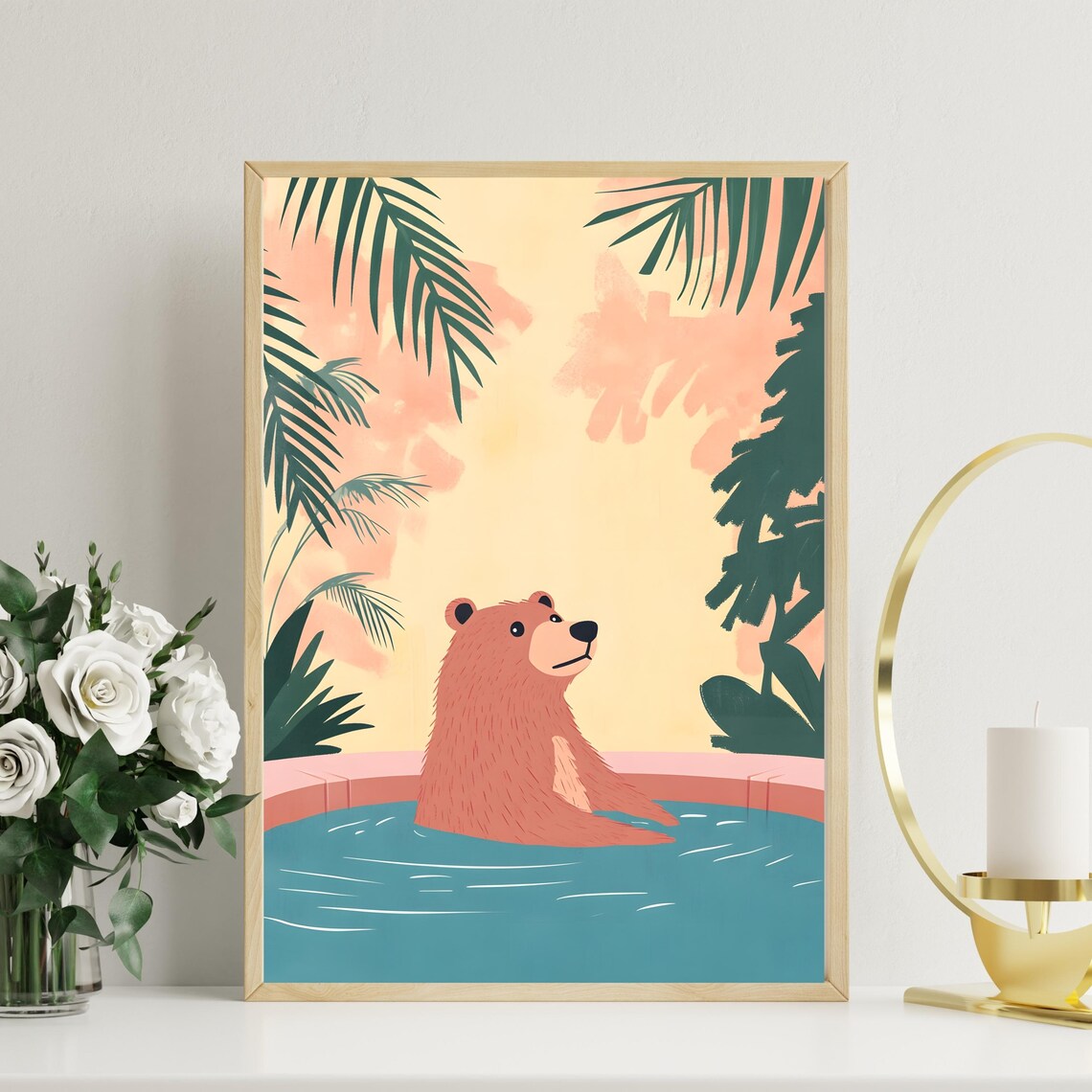 Smiling Brown Bear Floating in a Tropical Pool Under Pink Sunset Skies Poster - Image 2