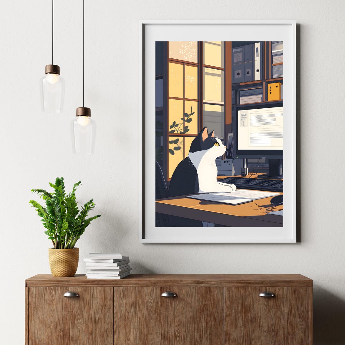 Cat at Computer Night Office Funny Workspace Animal Nursery Art Poster - Image 8