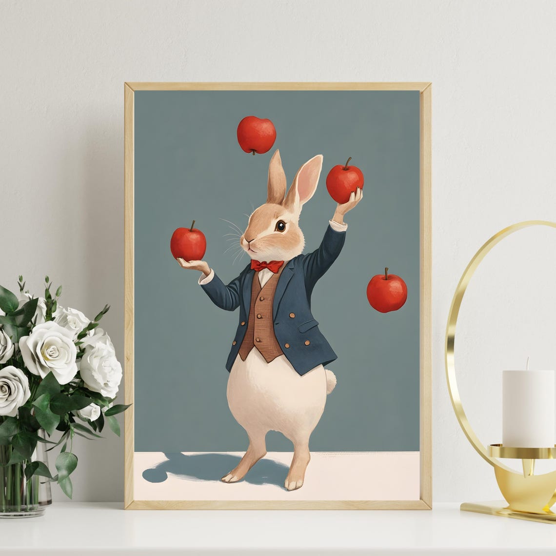 Whimsical Rabbit in a Blue Suit Juggling Four Red Apples Poster - Image 2
