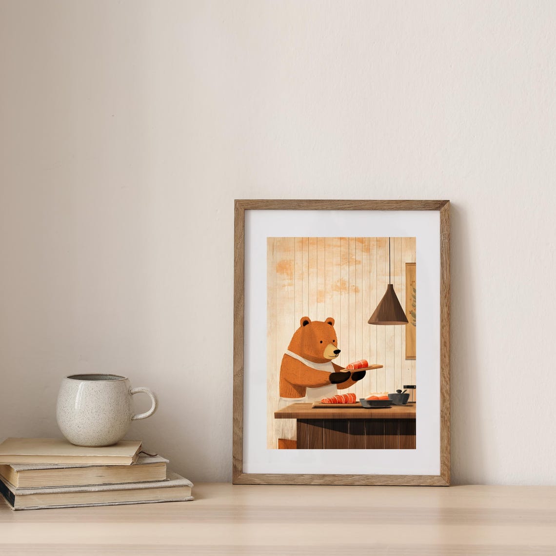 Friendly Bear Chef Slicing Fresh Salmon in Wooden Kitchen Poster - Image 3