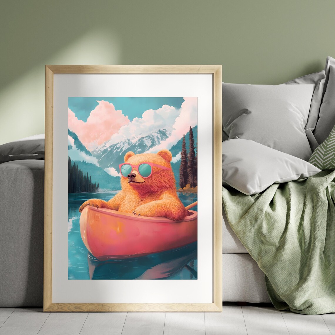 Relaxed Orange Bear in Pink Sunglasses Drifting in a Pink Canoe on a Lake Poster - Image 8
