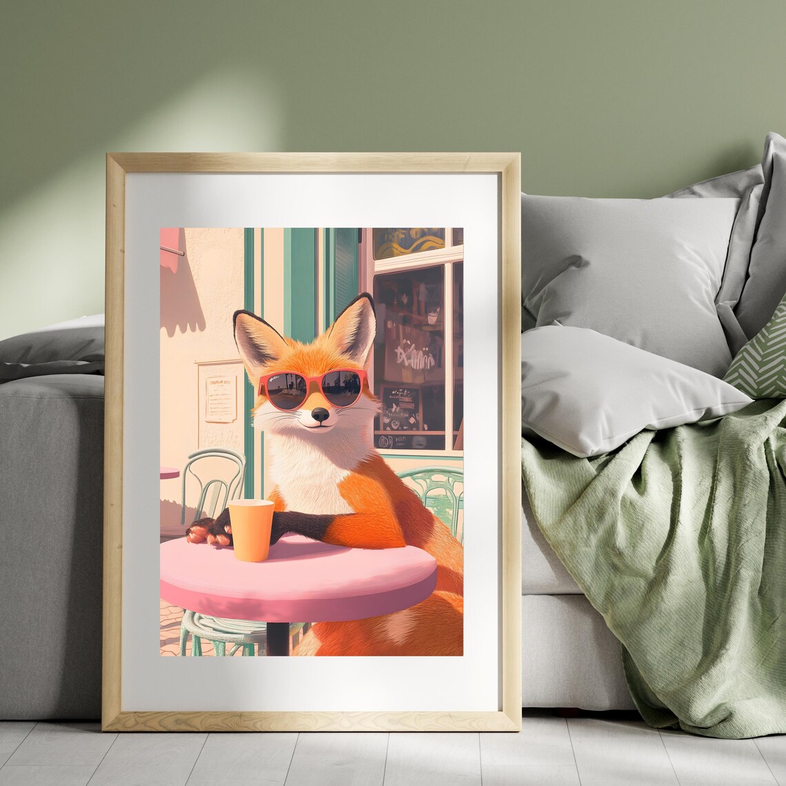 Chic Red Fox in Red Sunglasses Relaxing at a Pink Parisian Cafe Table Poster - Image 3