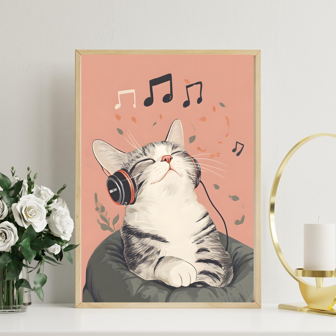 Relaxed Tabby Cat Wearing Headphones with Floating Music Notes Poster - Image 8
