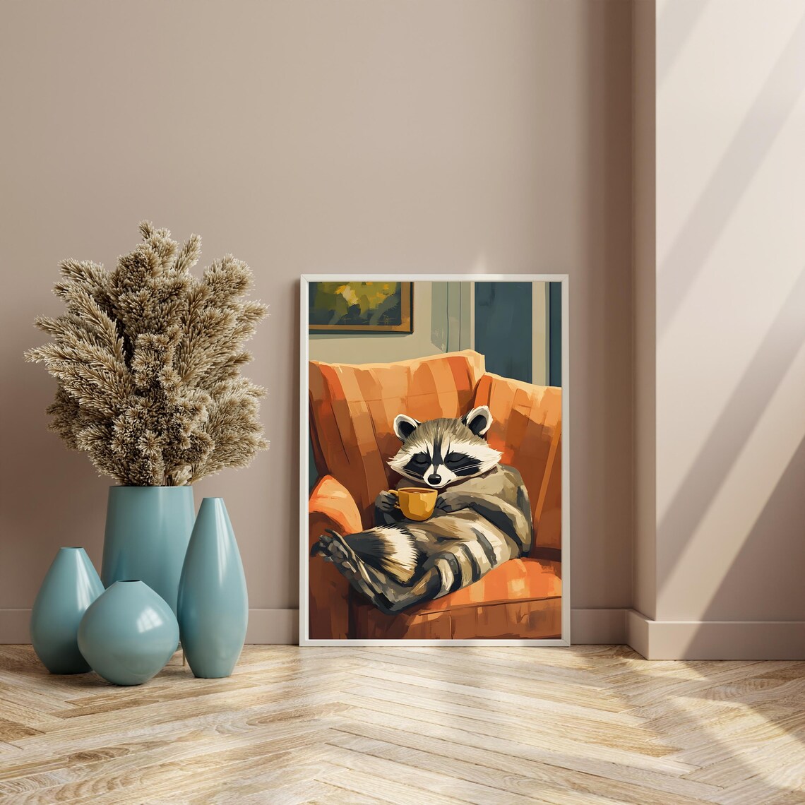 Relaxed Raccoon in an Orange Armchair Holding a Warm Mug Poster - Image 8